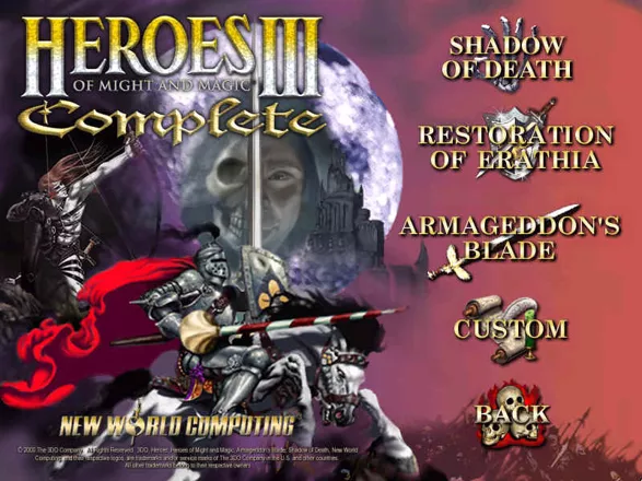 Heroes of Might and Magic III: Complete - Collector&#x27;s Edition Windows The main menu is changed to feature all three titles&#x27; elements. The campaign submenu allows access to all singleplayer campaigns from one place