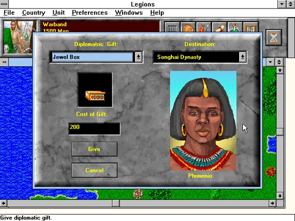 Legions Windows 3.x Giving a diplomatic gift to the Songhai Dynasty.