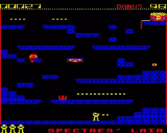 Ghouls BBC Micro Starting a new game. You have to pick up all the yellow dots and make it to the power jewels at the top right.