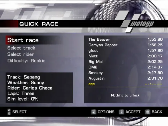 MotoGP 2 Windows Quick race menu