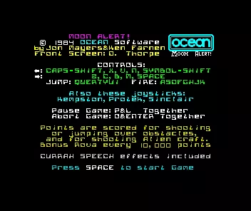 Moon Alert ZX Spectrum Instructions page