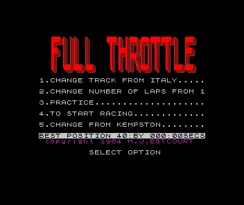 Full Throttle ZX Spectrum The options menu