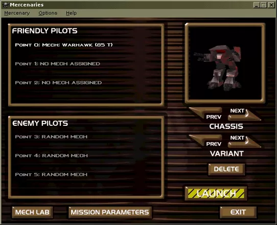 MechWarrior 2: Mercenaries Windows The instant action menu, where you choose your own, your allies and your enemies mech&#x27;s