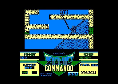 Bionic Commando Amstrad CPC Using he mechanical arm to cling onto the platform above