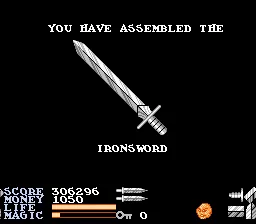 IronSword: Wizards &#x26; Warriors II NES After defeating each elemental, you receive one quarter of the legendary Ironsword - this is the final product.