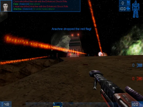 Unreal Tournament Windows Playing a CTF game with InstaGib mutator - one hit from the red rays and you&#x27;re dead.