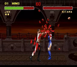 Mortal Kombat II SNES Using his popping-head Fatality, Jax crumbles Kitana&#x27;s head completely!