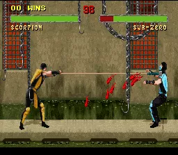Mortal Kombat II SNES Scorpion solves some personal differences with Sub-Zero using his sharp-blooding harpoon.
