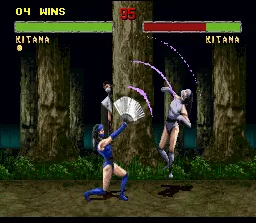 Mortal Kombat II SNES Mysteriously hidden behind a tree, Smoke sees Kitana using the Fan Lift in her alter-ego.