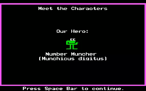 Number Munchers DOS Characters introduction:  Muncher