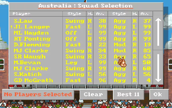 Allan Border&#x27;s Cricket DOS Choosing a team. You can also modify, rename players and how good they are.