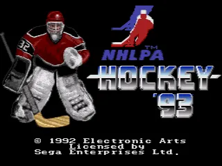 NHLPA Hockey &#x27;93 Genesis Title screen. The goalie jersey colour changes each time the game is loaded