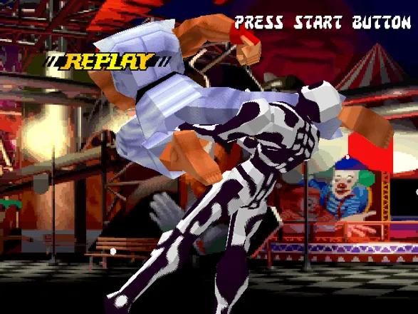 Street Fighter EX Plus &#x3B1; PlayStation Post-match replay frame &#x96; Ryu beats Skullomania using his multiple-hit move Tatsumaki Senpuu Kyaku.
