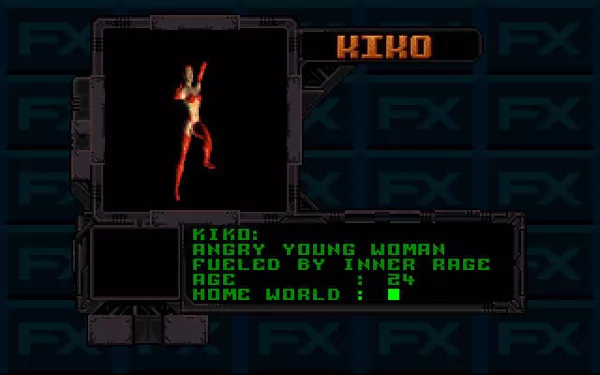 FX Fighter DOS Kiko&#x27;s character description screen; Kiko: Angry Young Woman.