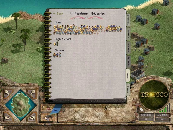 Tropico Windows The Almanac provides a wealth of information about your populace in a pretty, graphical format.