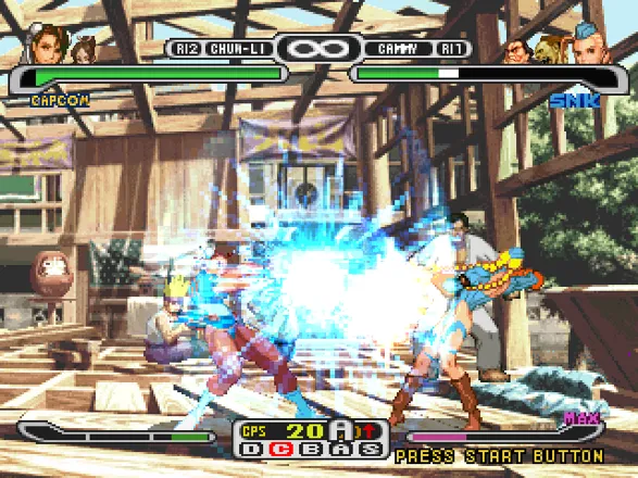 Capcom vs. SNK Pro PlayStation Chun-Li using her Super Combo Kikou Shou (in Level 3) to remove a lot of Cammy&#x27;s remaining energy.