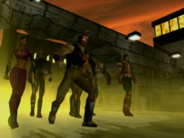 Mortal Kombat: Special Forces PlayStation Introduction frame showing Kano and his Black Dragon members escaping from Special Forces prison.