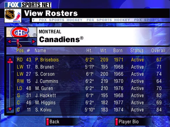 NHL Championship 2000 Windows Team roster