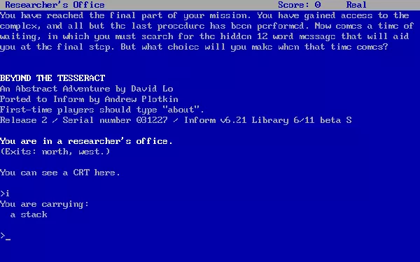 Beyond the Tesseract DOS Intro screen (Z-code port)