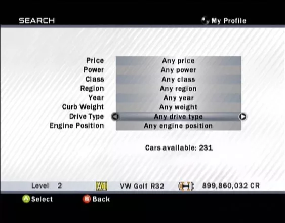 Forza Motorsport Xbox You can search for cars to buy on this screen.