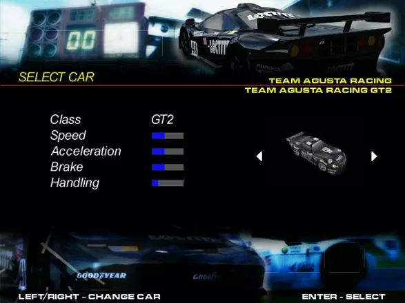 Test Drive: Le Mans Windows Selecting a car. More become available as the player advances in career mode.