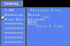 Tales of Phantasia Game Boy Advance Cooking screen - collect recipe and then try them out with the necessary ingredients