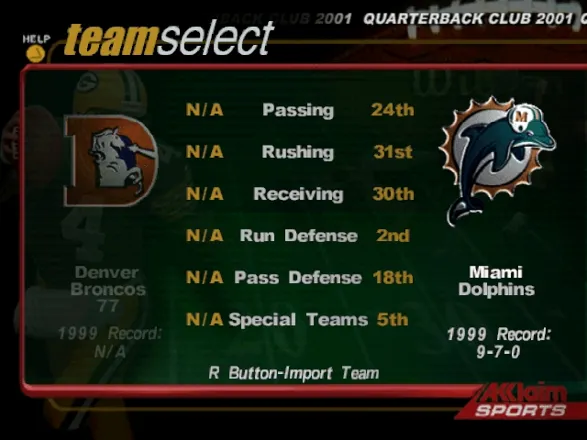 NFL QB Club 2001 Nintendo 64 Team selection.
