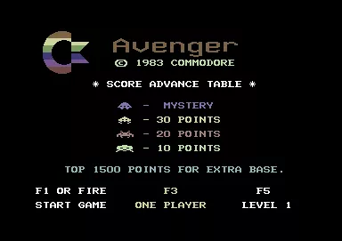 Avenger Commodore 64 Start up screen (US and Europe version)