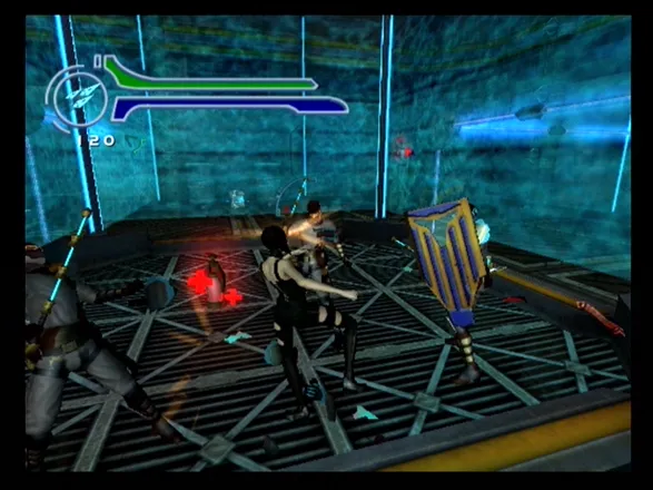 &#xC6;on Flux PlayStation 2 Enemies can walk through that blue wall, but you can&#x27;t.