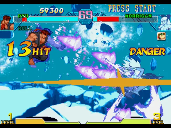 Marvel vs. Capcom: Clash of Super Heroes PlayStation Akuma Mode activated: Ryu uses a 13-hit Tenma Gou Zankuu to counterattack Morrigan Aensland...