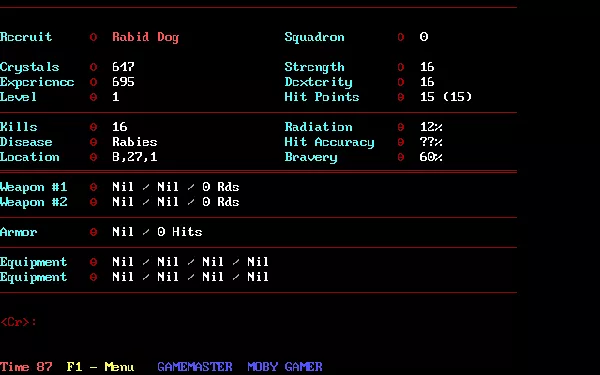 Operation: Overkill II DOS Enemy stats screen