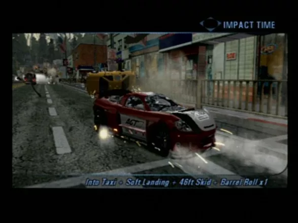 Burnout 3: Takedown PlayStation 2 Car crash during a road rage event where the goal is to crash into other cars.  During a player crash different aspects of the crash are rated on the bottom of the screen.