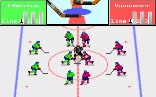 FaceOff! DOS The game starts with a face off, you battle for the puck in the top window (VGA).
