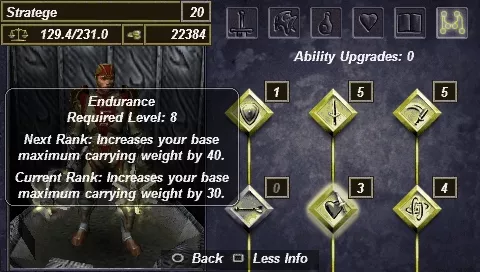 Untold Legends: Brotherhood of the Blade PSP Skill Tree Screen