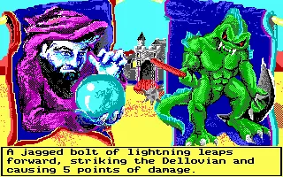 Wizard Wars DOS Battling a Dellovian. The lightning bolts succesfully hits the target!