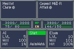 Super Robot Taisen: Original Generation Game Boy Advance A small stats screen that shows up before you fight.