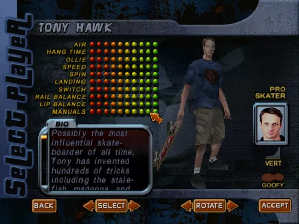 Tony Hawk&#x27;s Pro Skater 2 Windows Choosing a character. This one is a fully pimped Hawk.