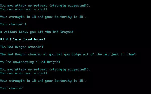 The Wizard&#x27;s Castle DOS Oops! Dragons can make your sword break... (1984 GW-Basic version)