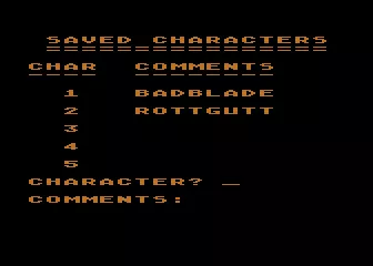 Kaiv Atari 8-bit Save character screen.