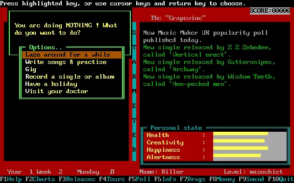 Rockstar! DOS The main menu, with the personal stats indicated.