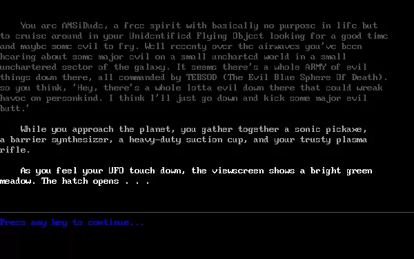 The Amazing Adventures of ANSI Dude DOS Before each level, you get a motivating text...