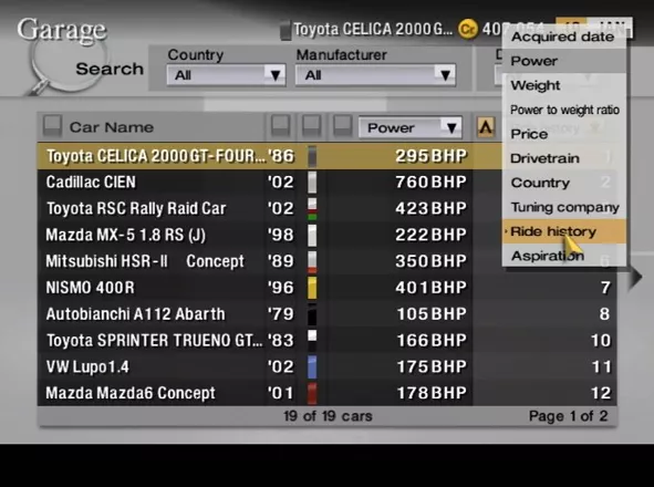 Gran Turismo 4 PlayStation 2 Garage, car list