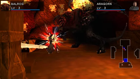 The Lord of the Rings: Tactics PSP Balrog hit Aragorn with his fire sword.