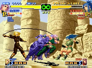 The King of Fighters 2000 Neo Geo Assisted by Whip&#x27;s striker move Valkyrie Killer, Mary tries to DM-hit Leona with her M. Splash Rose.