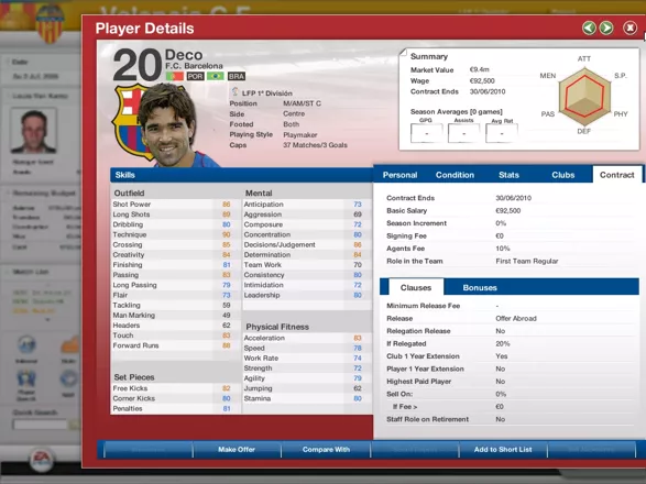 FIFA Manager 07 Windows Player information. The window changes according to the player&#x27;s club colours
