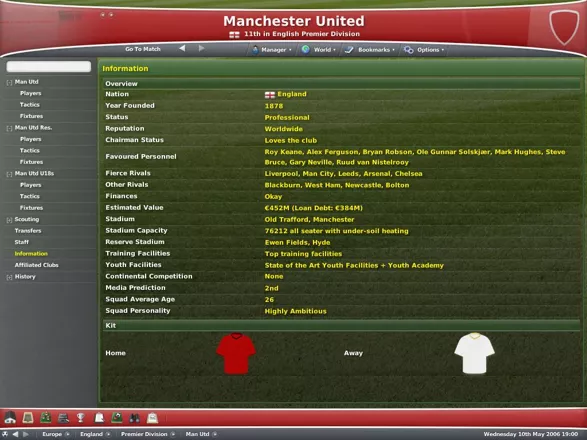 Worldwide Soccer Manager 2007 Windows Club Rap Sheet - Manchester United, England.