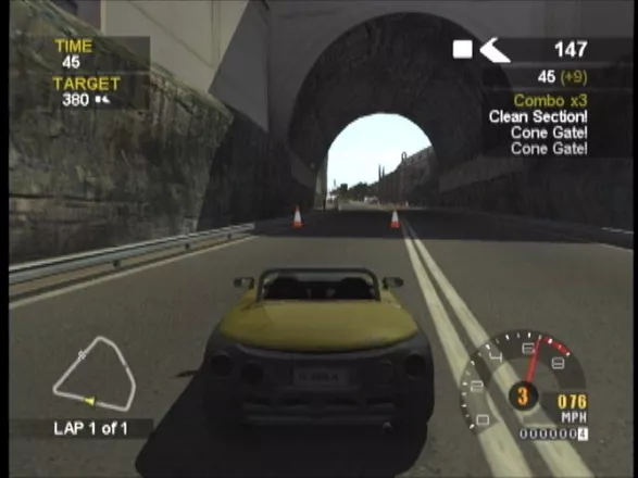 Project Gotham Racing 2 Xbox Cone race. Go between the cones to increase kudos.