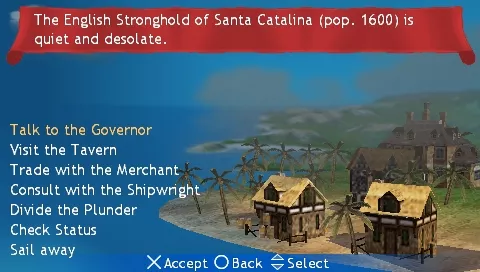 Sid Meier&#x27;s Pirates! PSP The main town menu