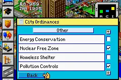 SimCity 2000 Game Boy Advance City ordinances window.