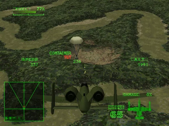 Ace Combat 2 PlayStation Shooting down supply containers with the cannon.